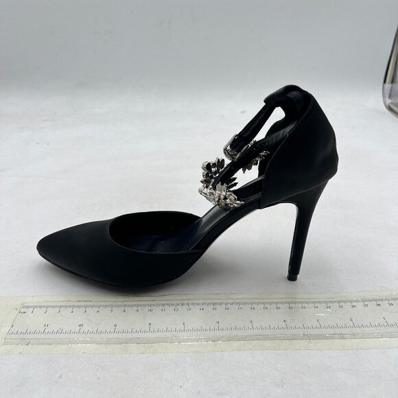 Pazzion Black Lizzie Satin Pointed Toe Rhinestone Ankle Strap D'Orsay Pump - Picture 2 of 8